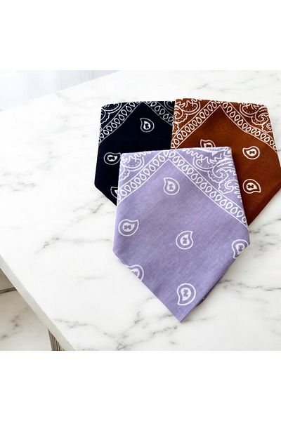 ALS Tasarım Dünyası Unisex 3-Piece Ethnic Patterned Purple, Light Brown and Gray Color 100% Cotton Multi-Purpose Bandana
