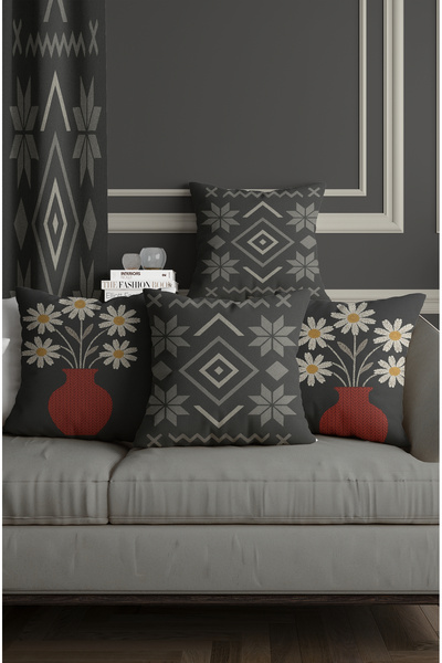 ALAMODECOR Nordic Model Anthracite, Gray Colored Geometric 4-Piece Double-Sided Digital Printed Throw Pillow Cover