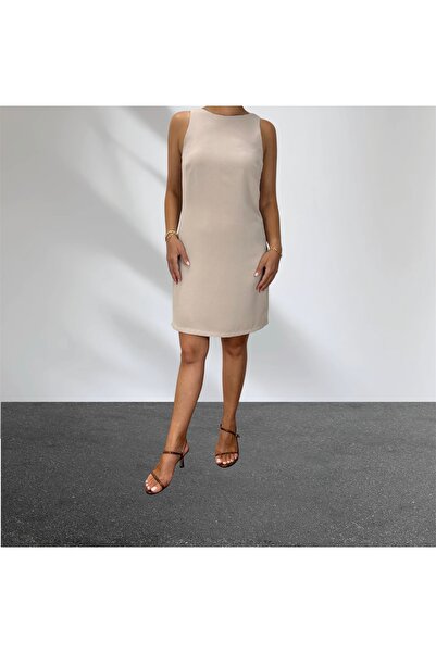 ABAS Cream Lightweight Halter Neck Sleeveless Crepe Fabric Lined Short Dress