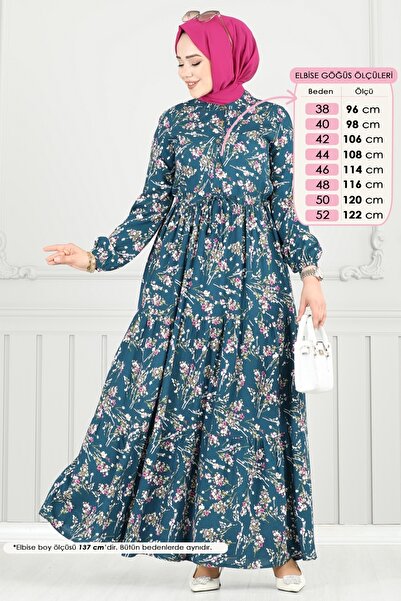 ModaMerve Floral Pattern Hijab Dress 7122Bg354-Ms Petrol