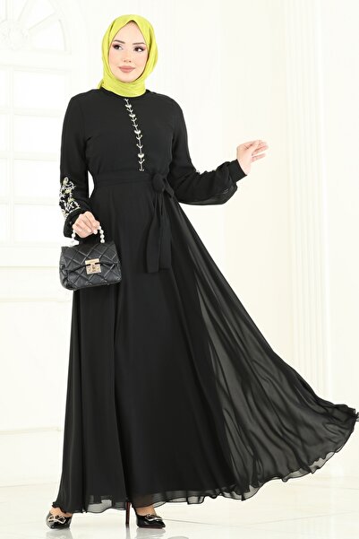 ModaMerve Embroidery Embroidered Chiffon Dress 8022Ab368-Ms Black