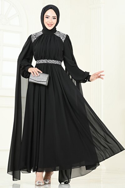 ModaMerve Pelerinli Şifon Abiye 7101AB368-MS Siyah