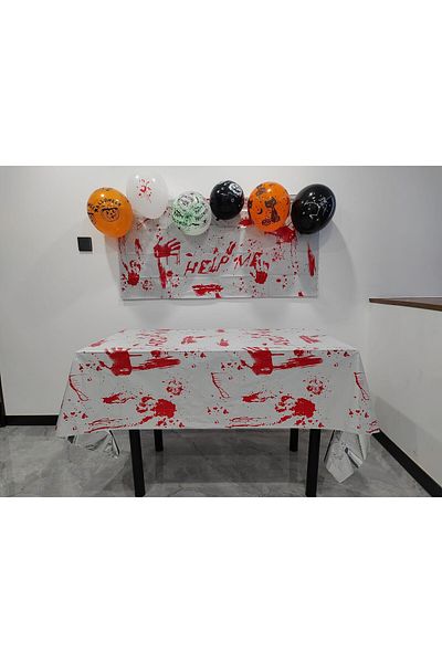 Teo Tablecloth, , Foil, Halloween Print - Help Me, 137 x 183 cm, White/Red