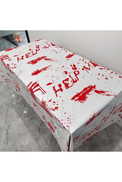 Teo Tablecloth, , Foil, Halloween Print - Help Me, 137 x 274 cm, White/Red
