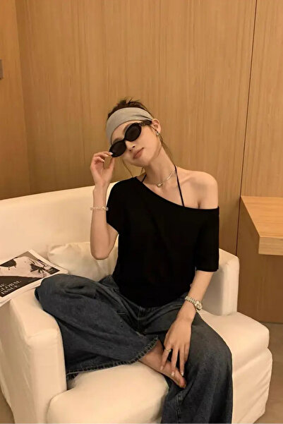 Tarz Cool Black Gray Red 3 Pack Women's Off Shoulder Boat Neck Oversize T-Shirt