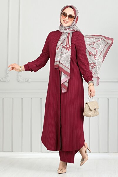 ModaMerve Gizli Düğmeli İkili Takım 5676EDF311-MS Bordo