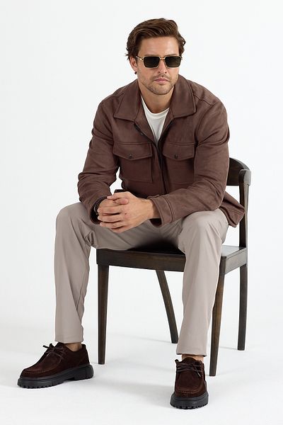 GEİO Men's Regular Fit Collar Zippered Lined Nubuck Jacket