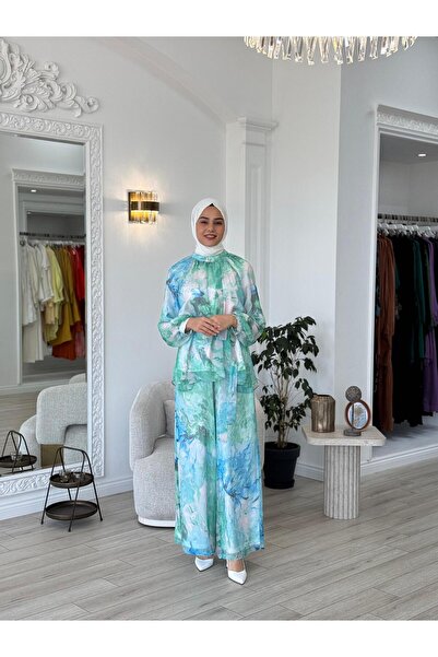 KAHMA COLLECTİON Kahma Chiffon Patterned Suit Blue 25Y17164