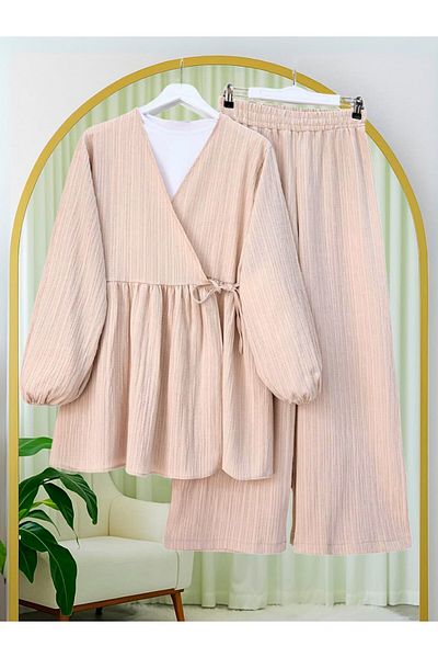 Modamorfo Tunic with Tie Inside and Wide Leg Trousers Suit -Mink
