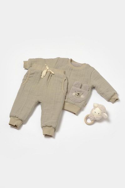 Magu Unisex Baby Cotton Muslin Fleece Lined Sweatshirt and Sweatpants Set – Plush Pocket Detail