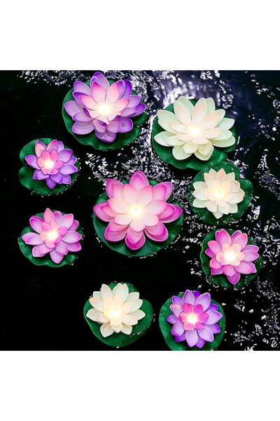Generic Hortsun 9 Pcs Floating Lotus Lights with Batteries Lily Pads Pool Flo...