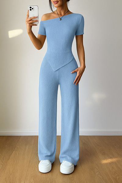 poswicon Baby Blue Off Shoulder Asymmetrical Hem and Pants Bottom Top Suit