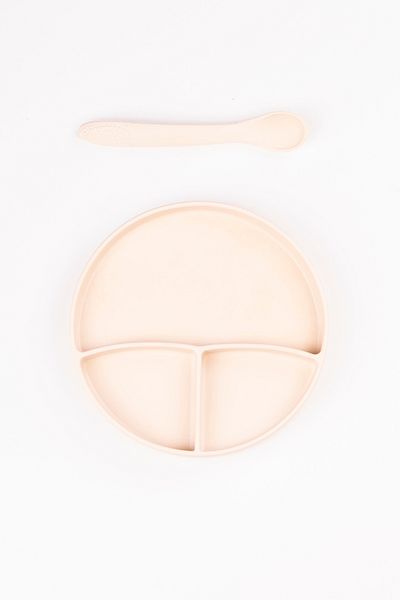 NoiBaby Vacuum Bottom Silicone Plate - Silicone Spoon Set of 2 - (Cream)