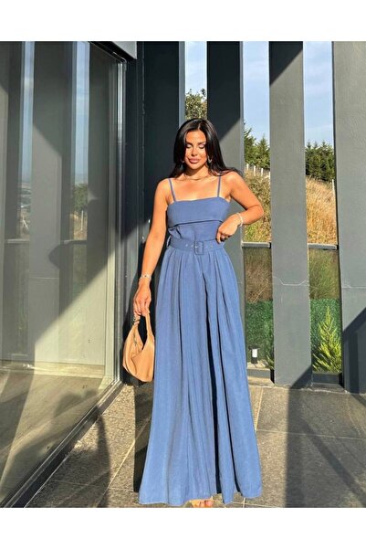 Ecenin Favorileri Modal Kumaş Askılı Kemerli Mavi Elbise