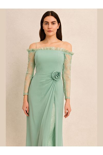 Nice Model Elegant Lace Off-Shoulder Evening Dress Long Sleeve Formal Gown Rose Detail Front Slit Chiffon