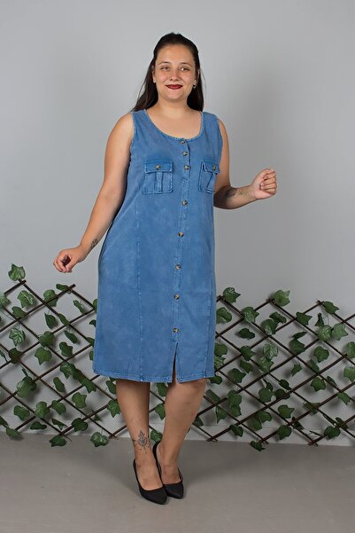 Truva XXL Large Size Sleeveless Front Button Detailed Washable Cotton Blue Dress