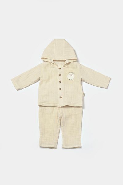 Magu Unisex Baby Organic Cotton Ecru Muslin Hooded Jacket and Pants Set – Sheep Embroidery Detail