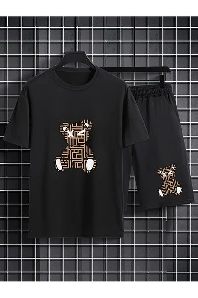 AEMİ Men's Teddy Bear Printed Oversize T-Shirt Shorts Set