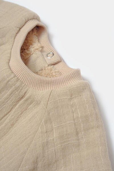 Magu Unisex Baby Cotton Light Beige Muslin Fleece Lined Set – Teddy Bear Pocket Sweatshirt & Sweatpants