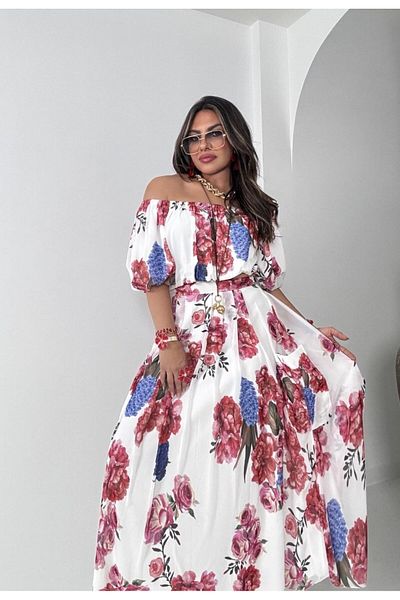 369 etnik butik Floral Print Off-The-Shoulder Crop Blouse and Long Skirt Set – 3 Color Options