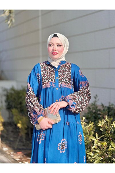 Moda Makkon KADIN LEOPAR DESEN DÜZ RENK TESETTÜR ELBİSE