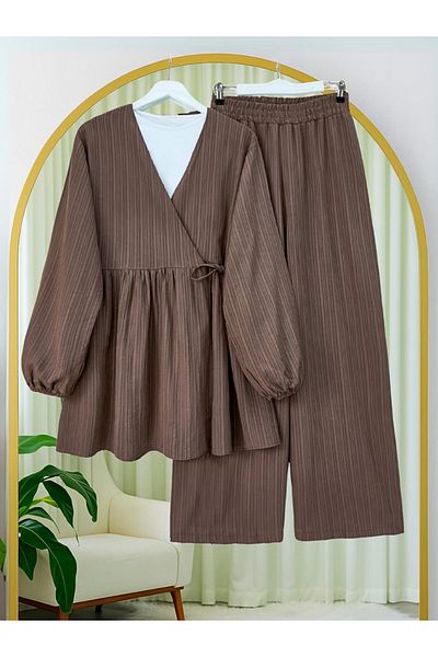 Modamorfo Tunic with Tie Inside and Wide Leg Trousers Set - Brown