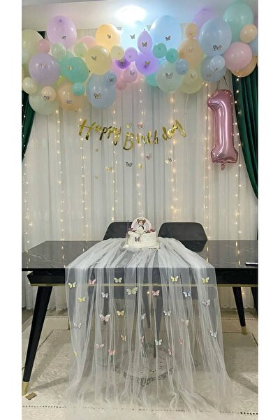Ezgi Party Store 1 Year Old Birthday Concept Macarons Color Balloons Paper Butterfly Set