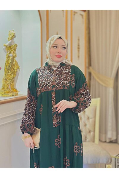 Moda Makkon KADIN LEOPAR DESEN DÜZ RENK TESETTÜR ELBİSE