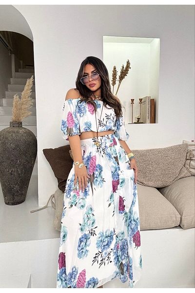 369 etnik butik Floral Print Off-The-Shoulder Crop Blouse and Long Skirt Set – 3 Color Options
