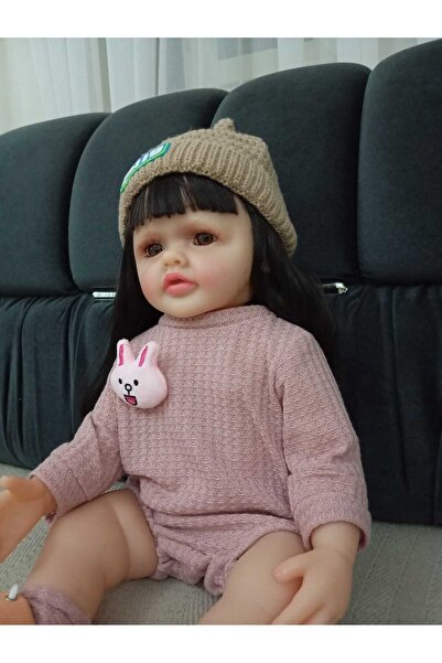 RIDVAN 55 Cm 22 Inç sesli pilli Gerçekçi Kız Bebek Yumuşak Silikon Uzun Kahve...