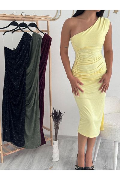 badibadii Women's Trend Slit Modal Fabric One Shoulder Detail Sari Draped Stone Dress