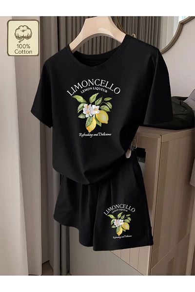 AEMİ Women's Lemon Printed Oversize T-Shirt Shorts Set