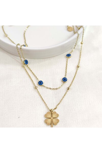 Güler Yüzlü Silver Steel Evil Eye Beaded Clover Combination Double Necklace
