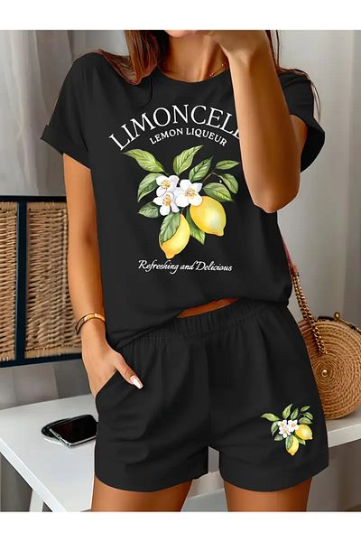 AEMİ Women's Limoncello Printed Oversize T-Shirt Shorts Set