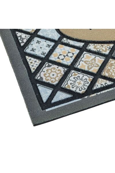 TOPI TOY Entrance door mat, made of rubber and carpet, with message and pattern, 75 x 45 cm, gray