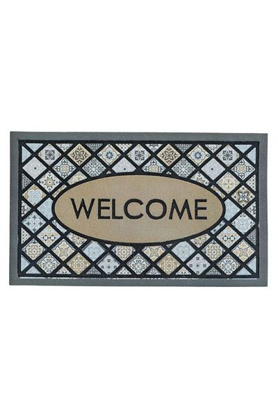 TOPI TOY Entrance door mat, made of rubber and carpet, with message and pattern, 75 x 45 cm, gray