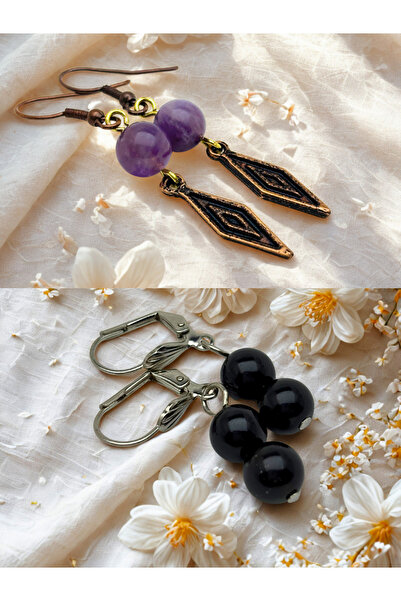 ayrestyle طقم أقراط من حجر الجمشت والعقيق الطبيعي مكون من قطعتين - مزين - 5 س...