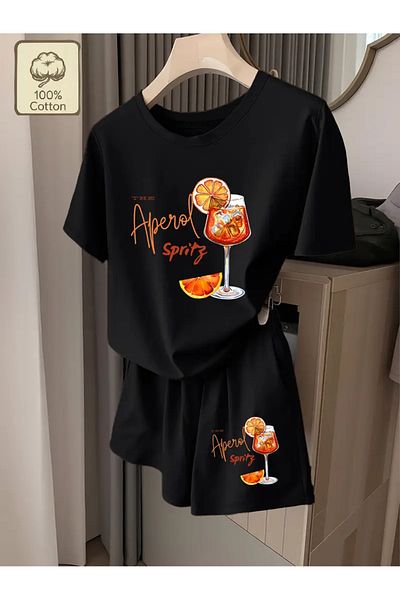 AEMİ Women's Aperol Printed Oversize T-Shirt Shorts Set