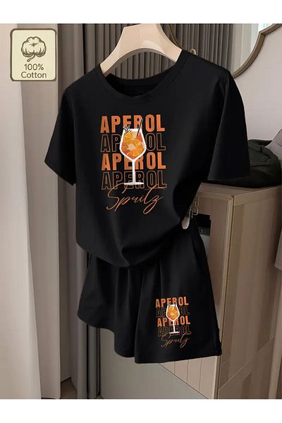 AEMİ Women's Aperol Spritz Printed Oversize T-Shirt Shorts Set