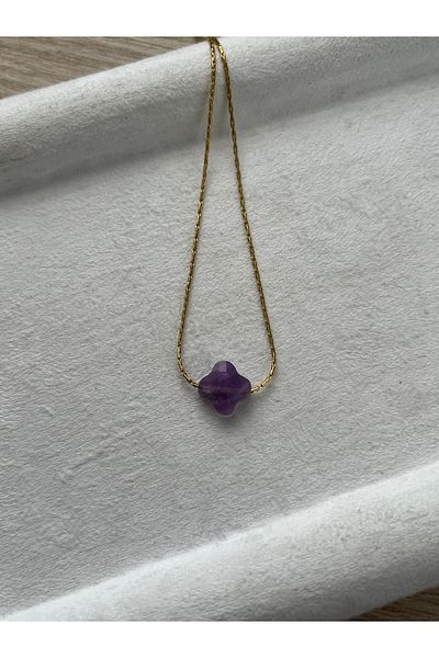 Pel Design Clover Amethyst Stone Steel Handmade Necklace