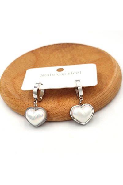 Güler Yüzlü Silver أقراط دائرية على شكل قلب من الفولاذ واللؤلؤ - أبيض