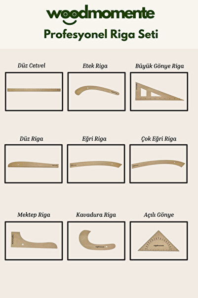 woodmomente 8'li Ahşap Riga Cetvel Takımı-4mm 1. Kalite Kayın MDF-Terzi ve Kalıp Çizim Cetveli Seti