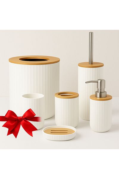 TnsAround TnsAround Bathroom Accessories Set, 7 Pieces, with Bamboo Details, Plastic Material, 26x19.5x19.5cm