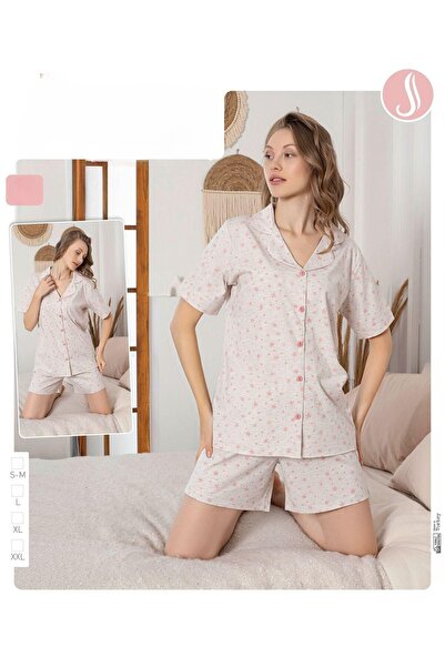 İpek Women's Short Sleeve Front Button 100% Cotton Shorts Pajamas Set