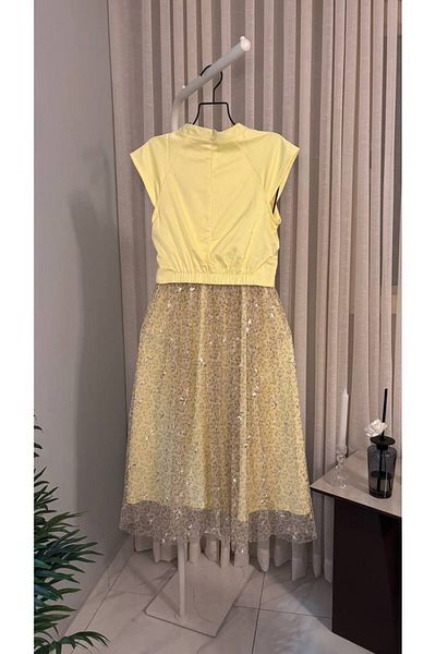 leevan fashion Yellow dress with sequins and embroidered tulle skirt