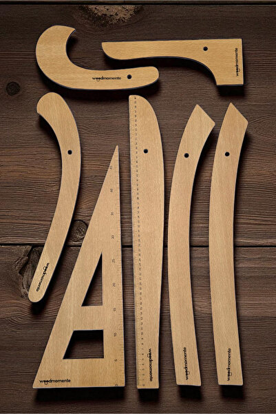 woodmomente 7'li Ahşap Riga Cetvel Takımı-4mm 1. Kalite Kayın MDF-Terzi ve Kalıp Çizim Cetveli Seti