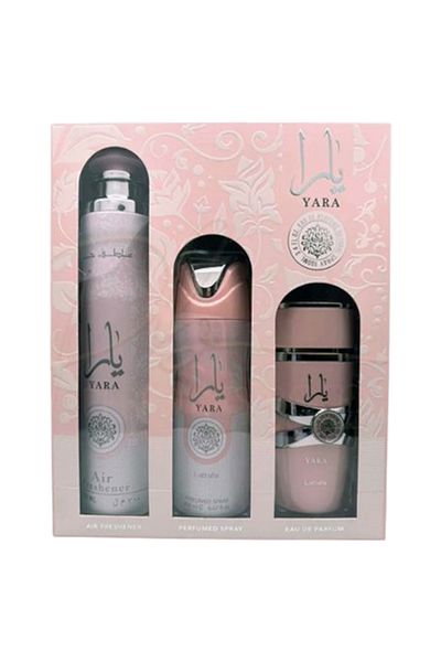 lattafa YARA, gift set EDP 100 ml, body spray 200 ml, room freshener 300 ml