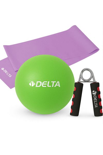 Delta Σετ Pilates 3 τεμαχίων – Μίνι μπάλα ισορροπίας 20 cm + ζώνη αντίστασης 120x15 cm + ελατήριο χεριού σφουγγάρι