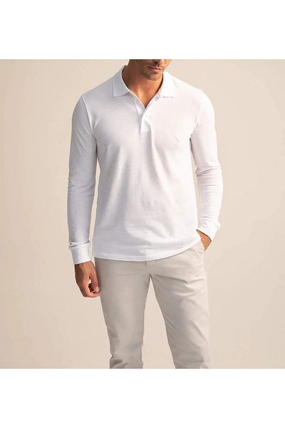 ModAras Long Sleeve Polo Collar Casual 2 Button Black T-Shirt - White - Arassuma-Unz-Abey-Yet