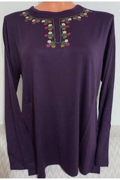 Anne Er Clothing Combed Cotton Blouse Long-Sleeve Crew Neck Embroidery Purple
